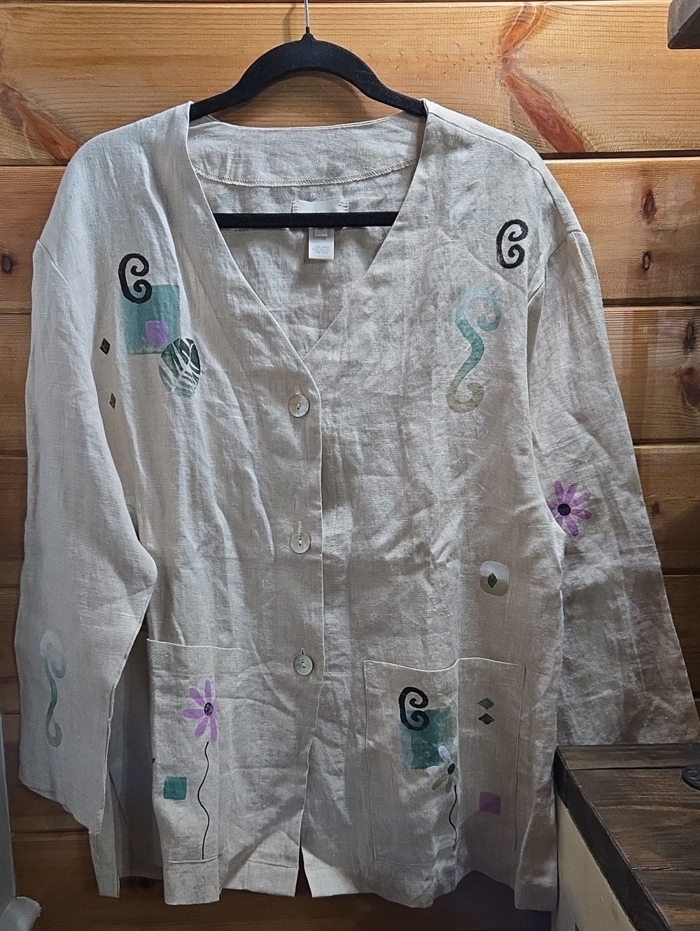 J. Jill Cream Linen Button-Front Top With Floral Design Size MP.
